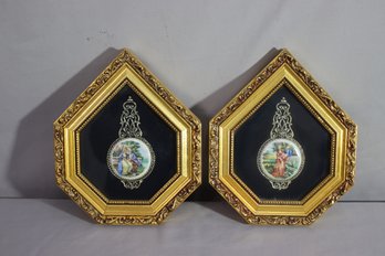 A Pair Of Vintage Porcelain Cameo Art Gold Frame Shadow Boxes