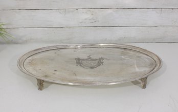 Vintage Silverplate Oval Footed Serving Tray W/ Engraved Crest  20' X 15.5'