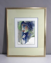 Framed Watercolor Portrait Signed By Artist  Expressive Abstract Female Figure (29.5'H X 23.5'W)