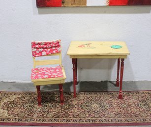 Vintage Childs Table & Chair Set  Painted Wood Kids Furniture  24' Chair