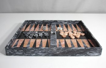 Marble Backgammon And Checkers Set - Double-Sided Game Board With Stone Pieces