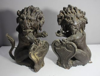 Antique Hand-Carved Wooden Lion Statues  Pair  Ornate Shield Design  Damaged