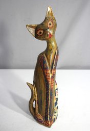 Hand-Painted Wooden Cat Figurine  13.5' Tall With Folk Art Style