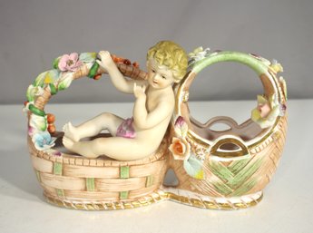 Antique German Porcelain Cherub Basket Figurine  Hand-Painted Rococo Style