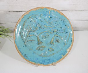 Vintage Turquoise Glazed Art Pottery Plate W/ Sculpted Face  12.5' Round Wall Plaque