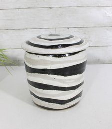 Vintage Black & White Striped Studio Pottery Lidded Jar Canister  8.5' Handmade