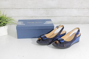 #18-Parlanti Blue Suede Wedge Sandals  Made In Italy  Womens Size 40  Slingback Heels W/ Box