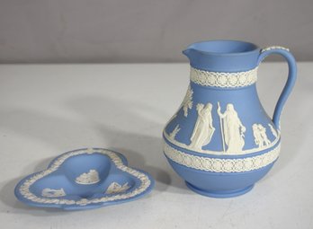 Vintage Wedgwood Blue Jasperware Pitcher & Trinket Dish Set  Made In England