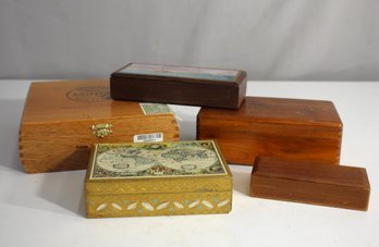 Collection Of 5 Vintage Wooden And Brass Boxes  Decorative Assortment