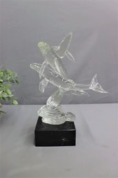 Clear Art Glass Figurine Of Three  Dolphins On Marble Base
