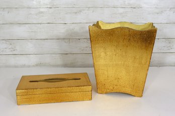 Gold Gilded Waste Bin & Tissue Box Holder Set  Elegant Decorative Bathroom Accessories