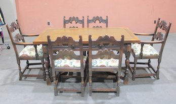 Vintage Kittinger Furniture Solid Wood Dining Set  Table With 6 Carved Chairs, Spanish Revival Style