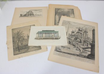Vintage Architectural & European Scene Print Lot  Engravings, Etchings & Pavilion Illustration