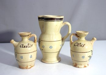 Italian Ceramic Oil, Vinegar, And Water Pitcher Set