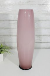 Vintage Pink Art Glass Vase  18' Tall Blush Glass Cylinder W/ Dark Rim Base