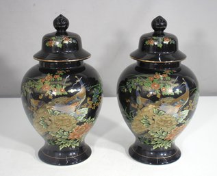 Pair Of Vintage 12' Japanese Lidded Ginger Jars  Black Porcelain With Hand-Painted Peacocks & Florals