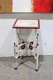 Vintage Painted Wood Plant Stand / Accent Pedestal Table  Distressed Red & White  21.5' H