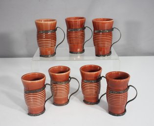 1940s Mission Arts & Crafts Ceramic Coffee Cup Set  Set Of 7 With Metal Cage Holders