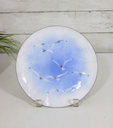 Vintage Signed Enamel On Copper Plate  Seagulls In Flight  7.75' Round Wall Art