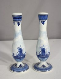 Pair Of 10' Vintage Delft Blue Hand-Painted Vases  Dutch Windmill Scene