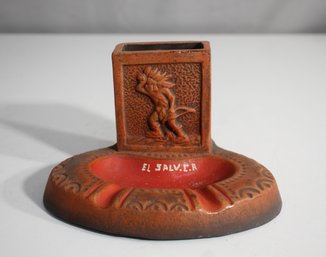 Vintage El Salvador Terracotta Ashtray With Indigenous Warrior And Landscape Motif