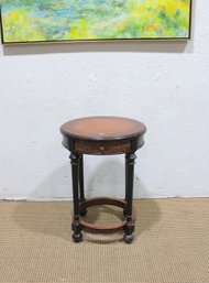 Vintage Round Accent Table  One Drawer, Inlaid Style Top, 27' H X 20' Round