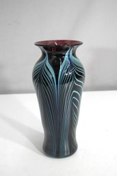 Hand Blown Art Glass Vase  Black With Teal Pulled Feather Pattern & Amethyst Interior