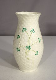 Belleek Ireland Millennium 2000 8' Basket Weave Vase  Hand-Painted Shamrocks