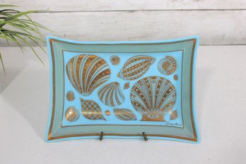 Vintage Georges Briard Blue Glass Tray  Gold Seashell Design MCM Dish 7.5' X 5.5'