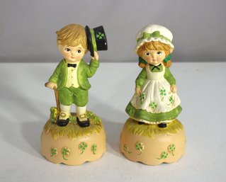 Vintage 1979 Lefton Irish Musical Figurine Pair  6.5' Boy & Girl With Shamrocks