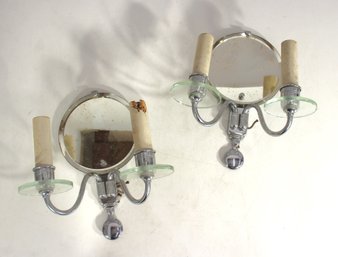 Art Deco Mirrored Two-Arm Wall Sconces - 9.5'H X 9'W
