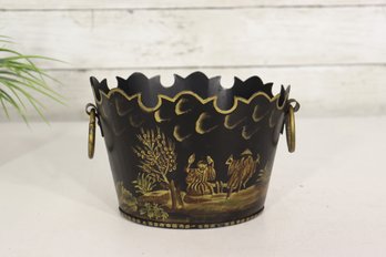 Vintage Hand-Painted Tole Metal Cachepot  Black & Gold Scalloped Planter With Figural Scene 4' X 7' X 5'