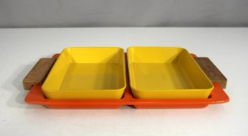 Vintage Enamel Bakeware Set With Teak Handles - 12' X 8'