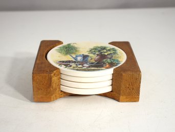 Set Of 4 Vintage 4' Ceramic Coasters With Wooden Holder  Rustic Kitchen & Herb Garden Theme