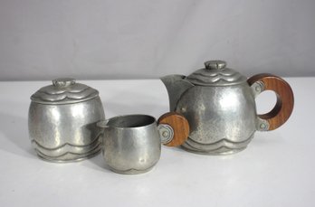 Art Deco Hand-Hammered Pewter Tea Set  Marked, 3-Piece With Wood Handles