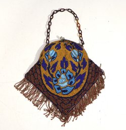 #62- Antique Style Micro Beaded Floral Purse Handbag With Fringe & Metal Chain Handle
