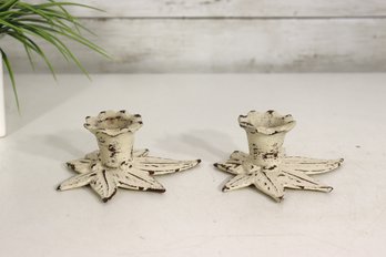 Pair Of Vintage Cast Iron Leaf Form Candle Holders  Distressed White Finish, 2' X 5'
