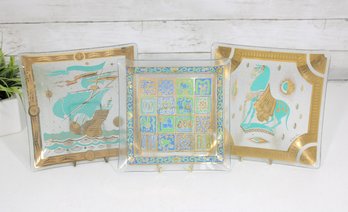 Set Of 3 Vintage Glass Serving Trays  Fred Press & DRA MCM Gold & Turquoise 9'