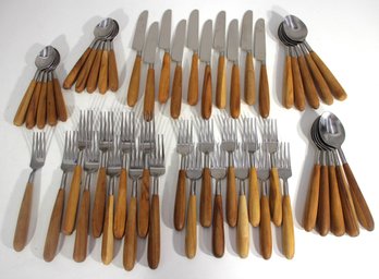 Partial Mid-Century Teak Handle Flatware Set