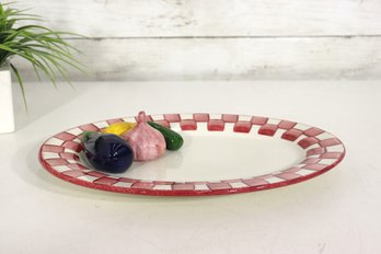 Cali Hand-Painted Ceramic Platter With Vegetables  Red Check Border, 12.5' X 9'