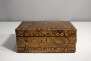 Antique Wooden Marquetry Box With Inlaid Geometric Design