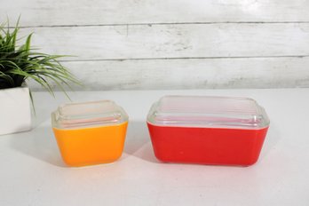 Vintage Pyrex Refrigerator Dishes Pair  Orange & Red With Clear Lids  Mid Century Kitchen Glass