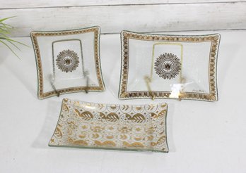 Vintage Georges Briard Mid-Century Glass Serving Trays (3)  Gold & White Barware Set