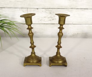 Pair Of Vintage Brass Candlestick Holders  Turned Column Design, Square Base, 7'H