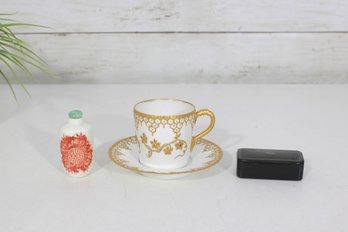 H&Co Limoges Demitasse Cup & Saucer, Chinese Snuff Bottle & Black Snuff Box  Vintage Lot