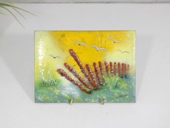 Signed Citron Enamel On Copper Plaque  Mid-Century Modern Seascape Art, 5.25' X 7'
