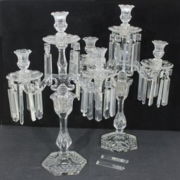 Antique French 3-Arm Crystal Candelabra  21'Tall  Cut Glass With Prisms  Elegant Girandole