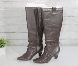 #29-Womens Brown Leather Knee-High Boots W/ Buckle Detail  Size 8.5  Block Heel