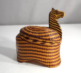 Handcrafted Woven Zebra Motif Lidded Basket With Animal Head Handle