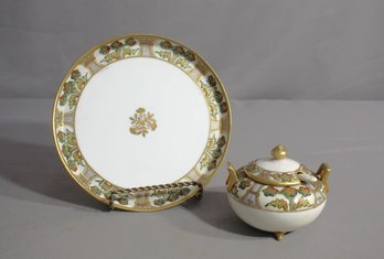 Nippon Morimura Hand Painted Blue Floral & Gold Beaded Footed Sugar Bowl  And Plate